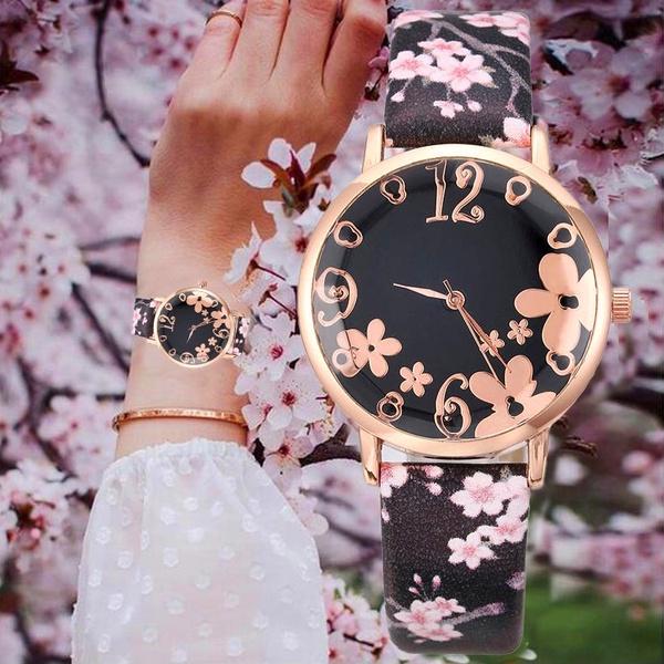 Women Creative Flower Watches Ladies Fashion Casual Leather Quartz Wristwatches Gift Clock