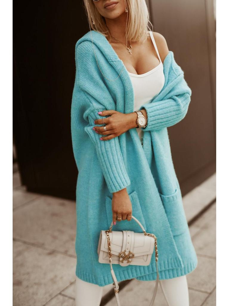 Осенне-зимний длинный кардиган с капюшоном, отложным воротником и вязаным узором с буквами