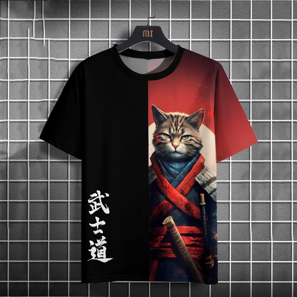 Japanese Anime Samurai Cat T-Shirt For Men 3D Animal Print Short Sleeve Tops Tee Casual T-Shirt Oversize Shirt Men Clothing