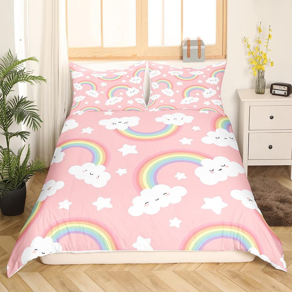 Cartoon Rainbow King Queen Duvet Cover Kids Girls Colorful Clouds Bedding Set Love Heart Comforter Cover Polyester Quilt Cover