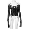 Y2k Punk Mesh See Through T-shirts Women Cyber Sexy Summer Halter Tops Lace Up Techwear Black Patchwork Split Clothes