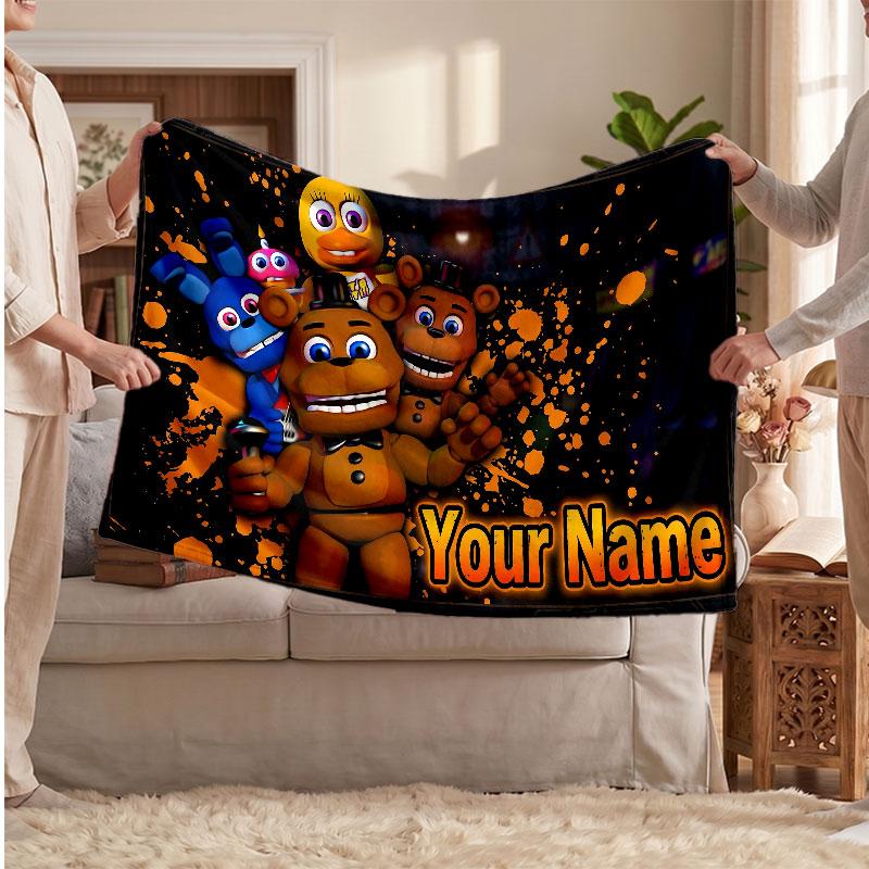 Five Nights at Freddy’s Personalized Flannel Blanket, Custom Printed Text Name, Warm Soft Blanket For Couch Bed