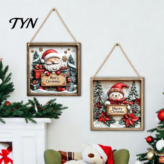 Xmas Door Hanger Christmas Wooden Hanging Sign, Gnome Snowman Angel Candle 2D Wood Plaque, Indoor Holiday Party Decor Vintage Wall for Home