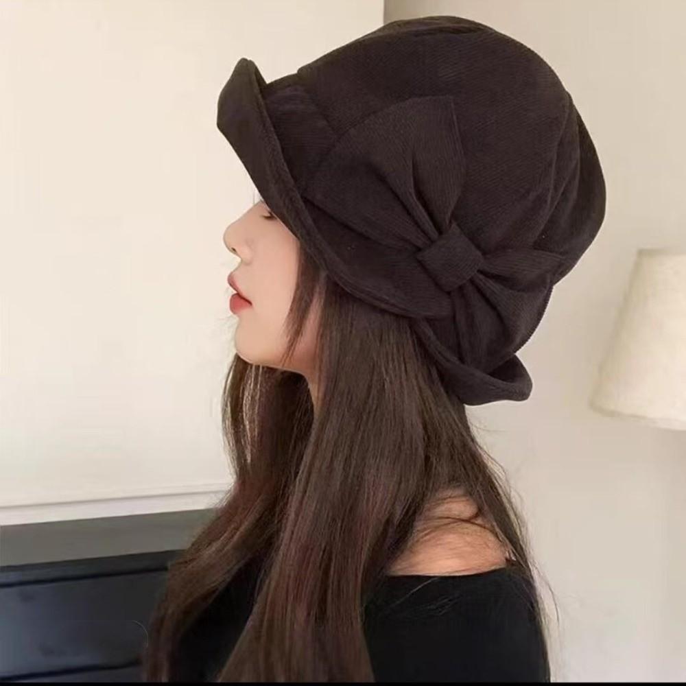 Small Brim Fisherman Cap Bowknot Basin Cap Vintage Corduroy Bucket Hat Daily Commuting