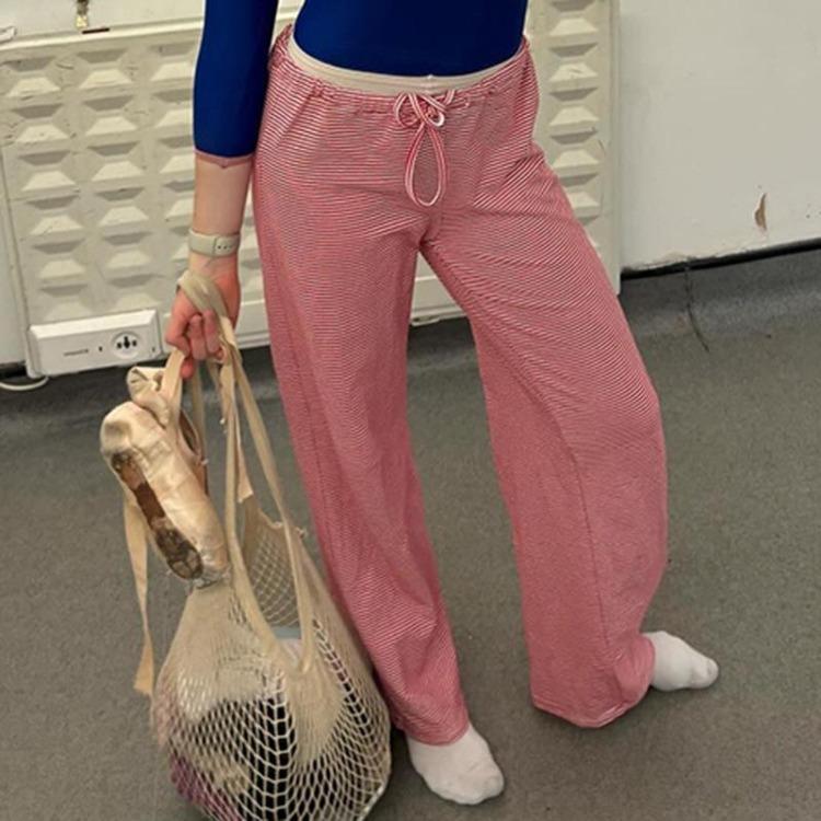 New High Waist Loose Straight Leg Pants for Women American Style Casual Striped Trousers with Lace Up