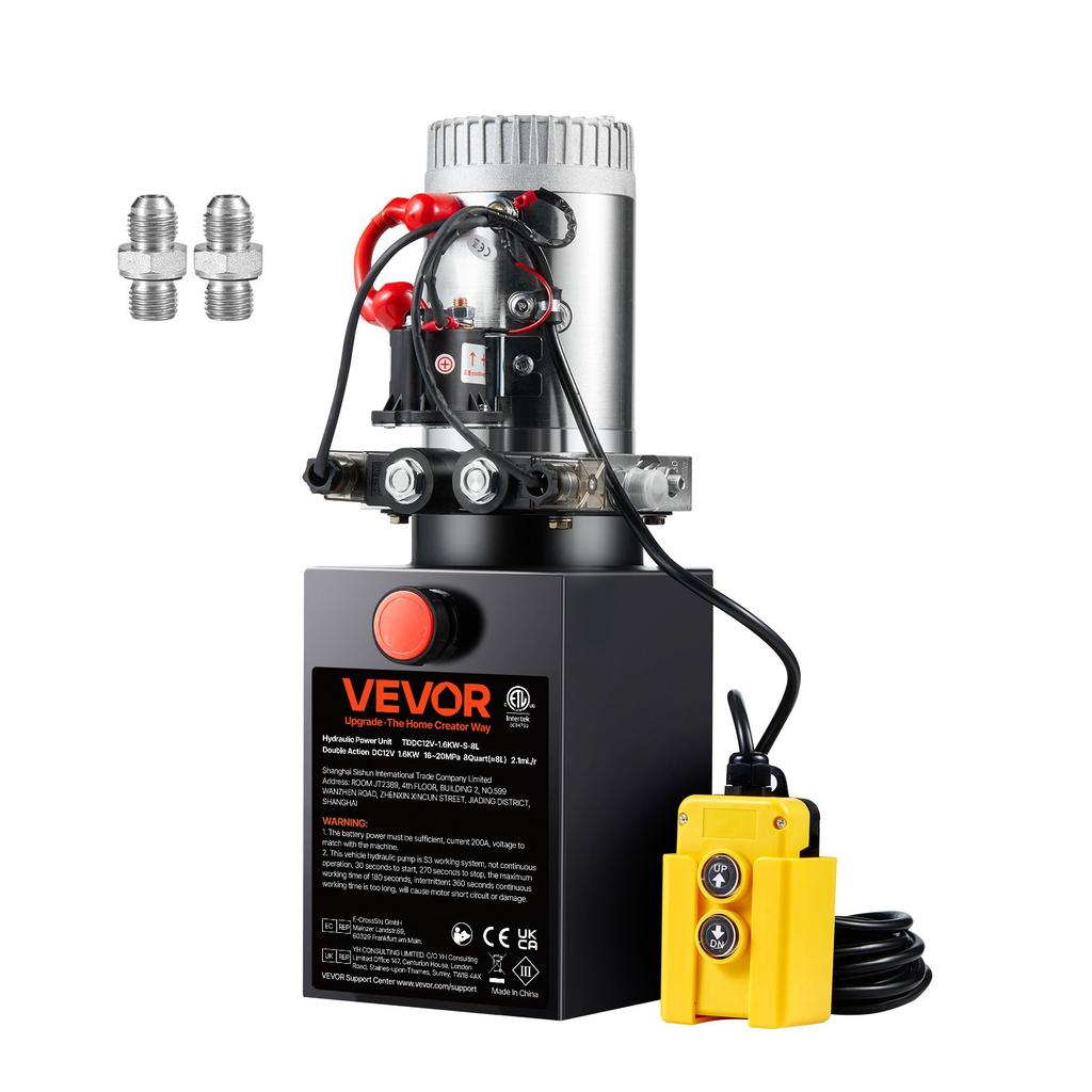 VEVOR Hydraulic Pump, 8 Quart Hydraulic Power Unit, Double Acting Dump Trailer Pump, 0.91 GPM Flow Rate, 3200 PSI Max Relief Pressure