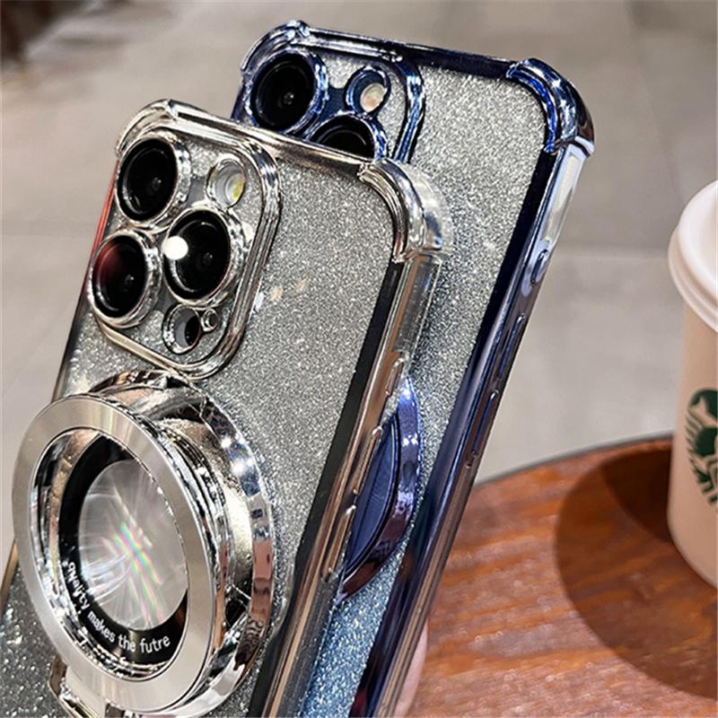 For iPhone 15 Pro Max Luxury Plating Magsafe Magnetic Stand Flash Phone Case For iPhone 11 12 13 14 16Plus Lens Protective Cover