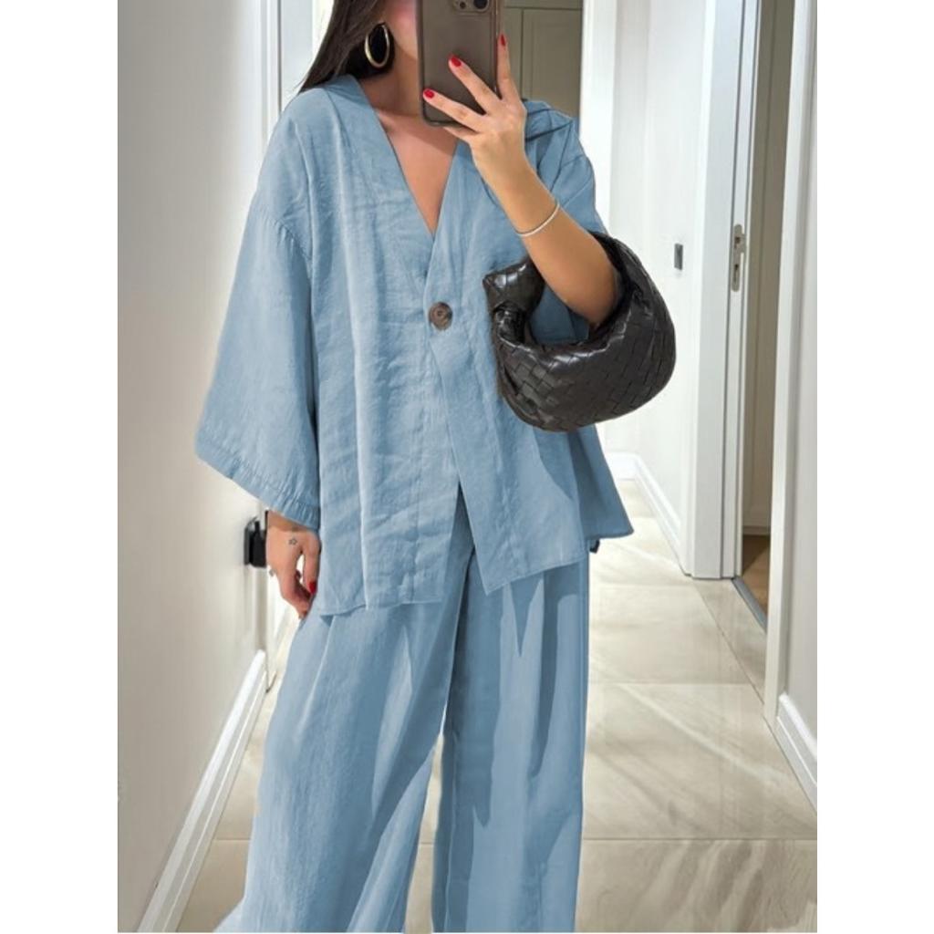 Women's Fashion Casual Suit V-neck One Button Loose Long Sleeved Top, High Waisted Trousers Two-piece Set