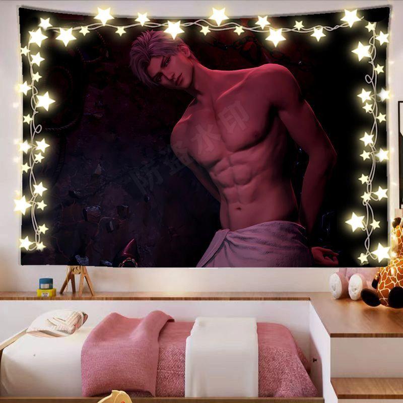Romantic Anime Couple Tapestry Wall Hanging Night Embrace Silver Hair Manga Aesthetic Wall Art Indie Bedroom Decor