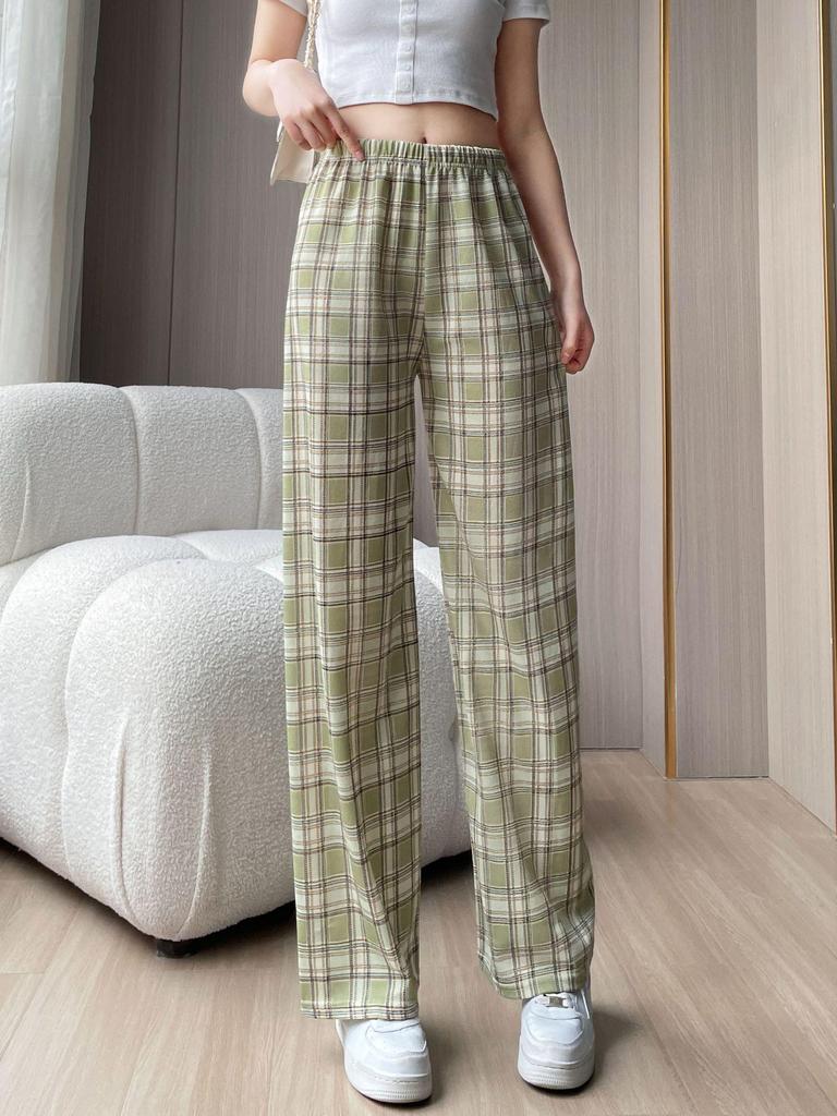 Plaid High-Waist Wide Leg Pants - Lightweight, Versatile, Plus Size, Women's Slimming Loose Fit, Spring/Summer Style.