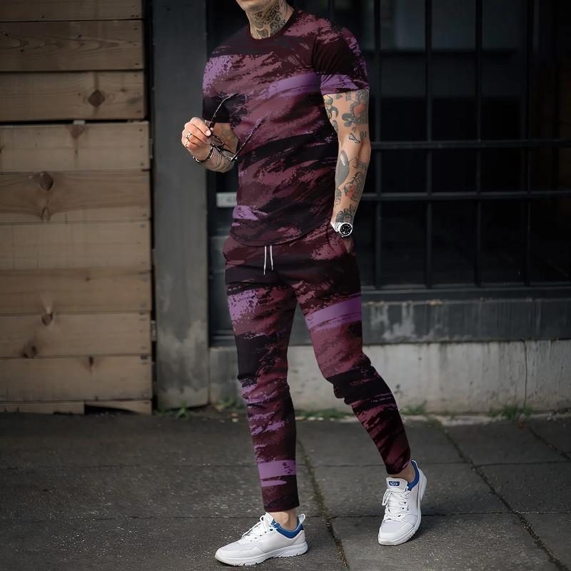 Новые летние мужские длинные брюки, спортивный комплект из 2 предметов, 3D ретро-стиль милитари, футболка с короткими рукавами + длинные брюки, уличная одежда