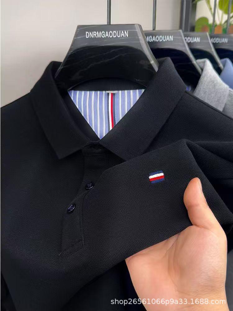 Мужская рубашка-поло с вышивкой на воротнике, с длинным рукавом, не требующая глажки - Большой размер, Осенне-зимний повседневный деловой стиль