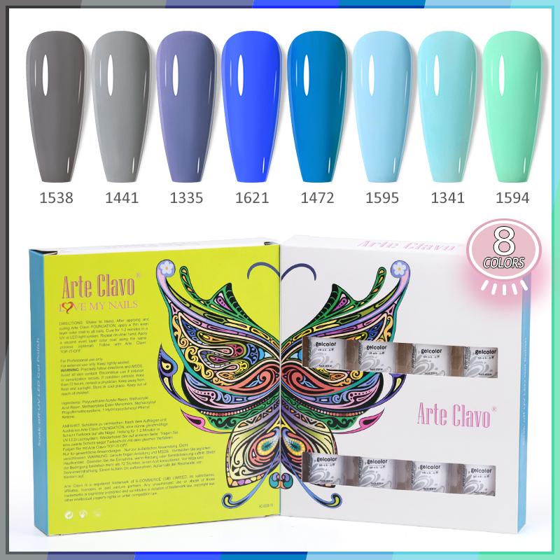 Arte Clavo 8 бутылок/набор, высококачественный блестящий гель-лак для ногтей для маникюра, гель-лак для дизайна ногтей, верхнее базовое покрытие, лак