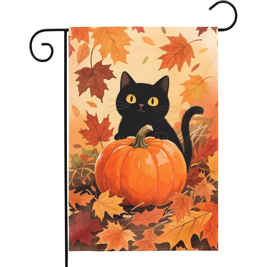Fall Thanksgiving Day Garden Flag Burnt Orange Pumpkin Black Cat Maple Leaves Yard Flags for Outside Autumn Harvest Holiday Theme Decor Seasonal Outd
