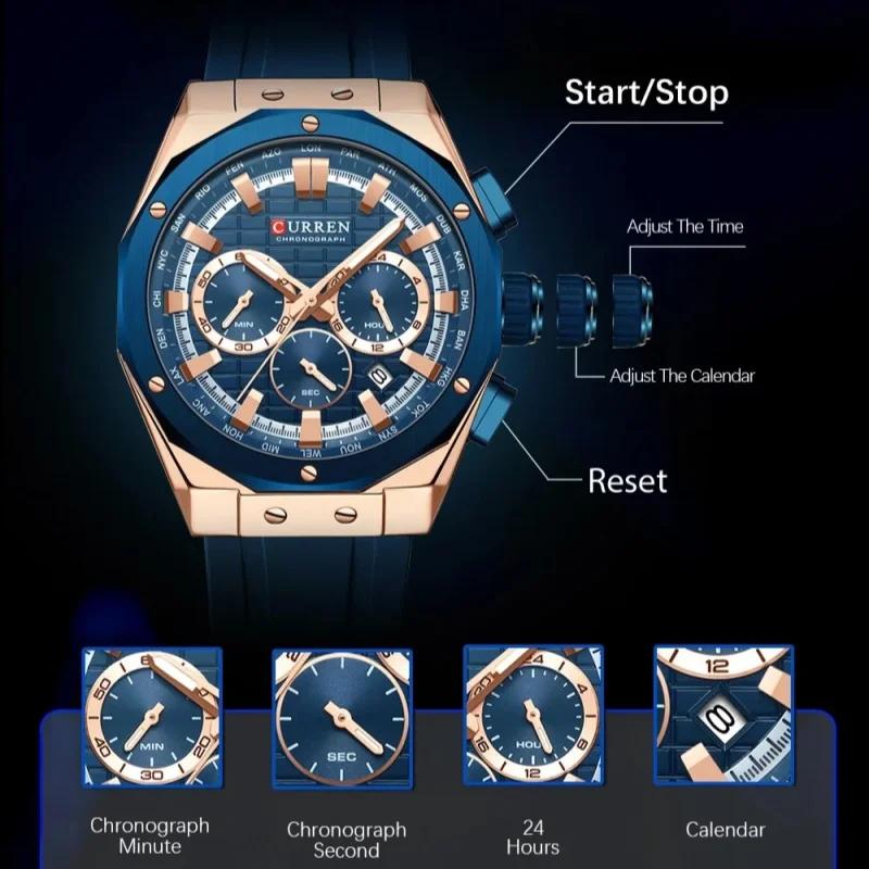 CURREN 8464 Men's Quartz Watch Calendar Fashion Multifunctional Waterproof Silicone Luminous Casual Business Watches Sports Male Wristwatch