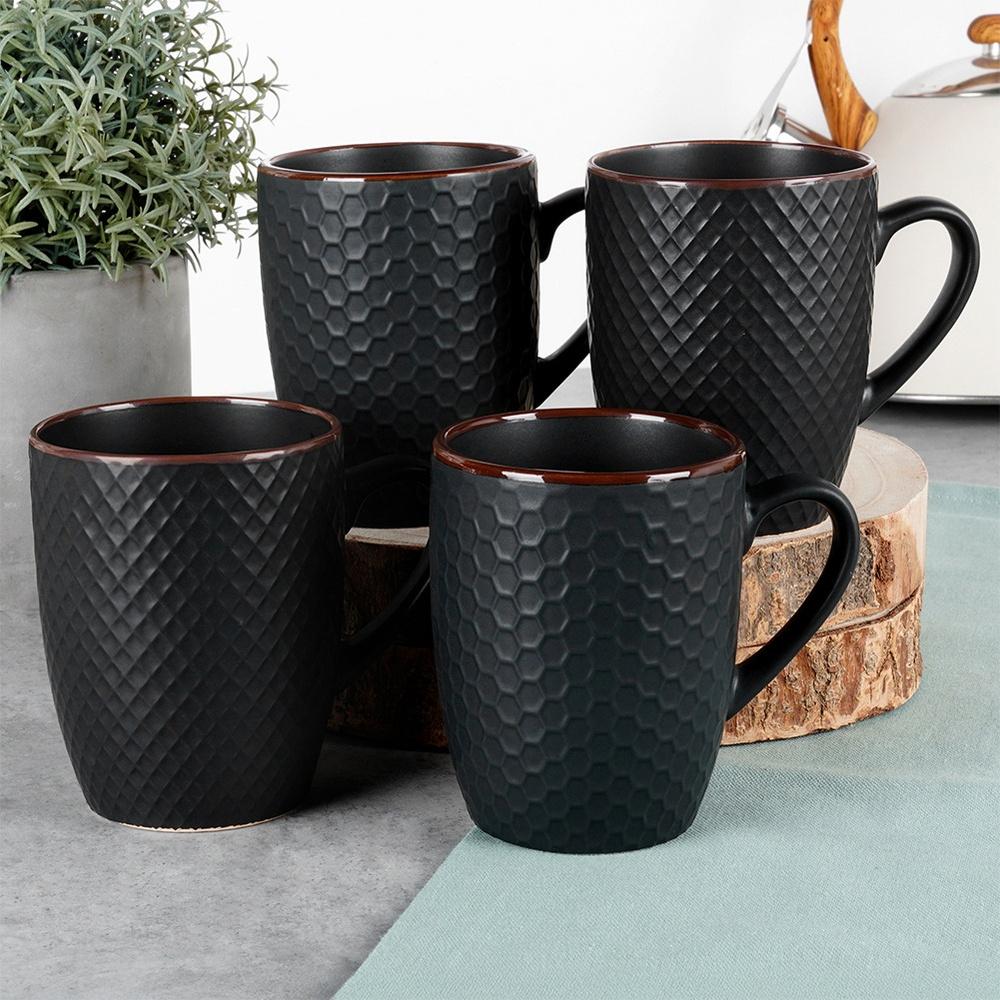 4x Black Mugs for Drinking Coffee, Tea, Herbs, Mug Set, Gift Mug