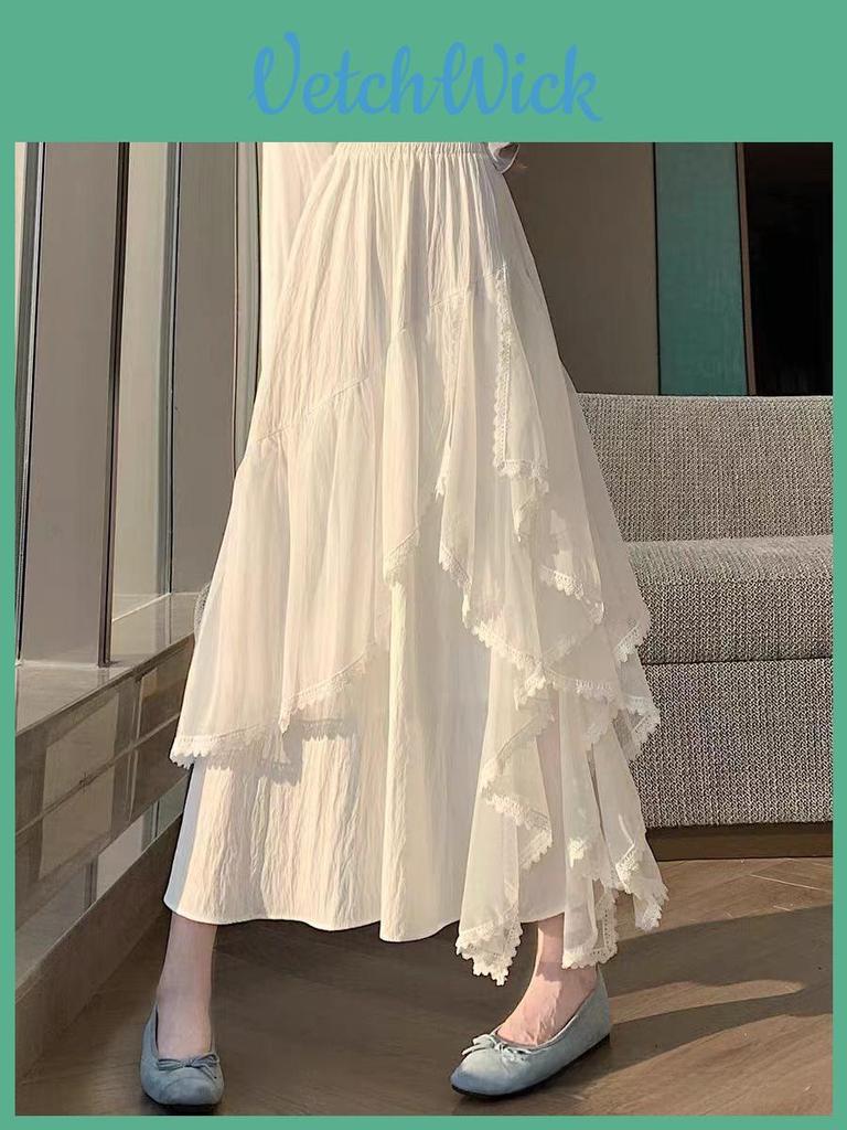 Cotton Blended Irregular Lace Maxi Skirt With Ruffle Hem For Fashion Women
