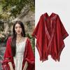 Ethnic Style Cape Hooded Wine Red Shawl Women Wearing Tassel Knitting Yunnan Xinjiang Xizang Tourist Cloak Cloak