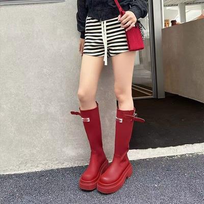 Красные высокие сапоги на толстой подошве Уличные дождевые сапоги Новая осенняя дождевая обувь, но сапоги-рыцари до колена Длинные сапоги