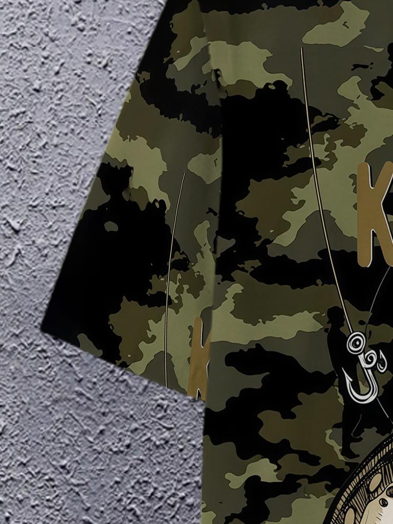 Men's Camouflage Fishing T-Shirt – 3D Fish Print with Hook Design, Casual Round Neck Outdoor Top, Stylish Summer Wear for Hiking, Running, Gym &