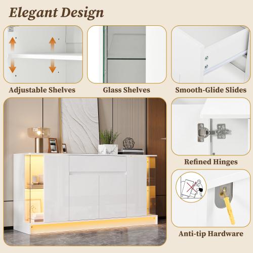 White High Gloss Sideboard, Particle Board Display Cabinet, 2 Glass Doors, Drawer & Double Doors, App Controlled LED Lighting, Living Room Storage