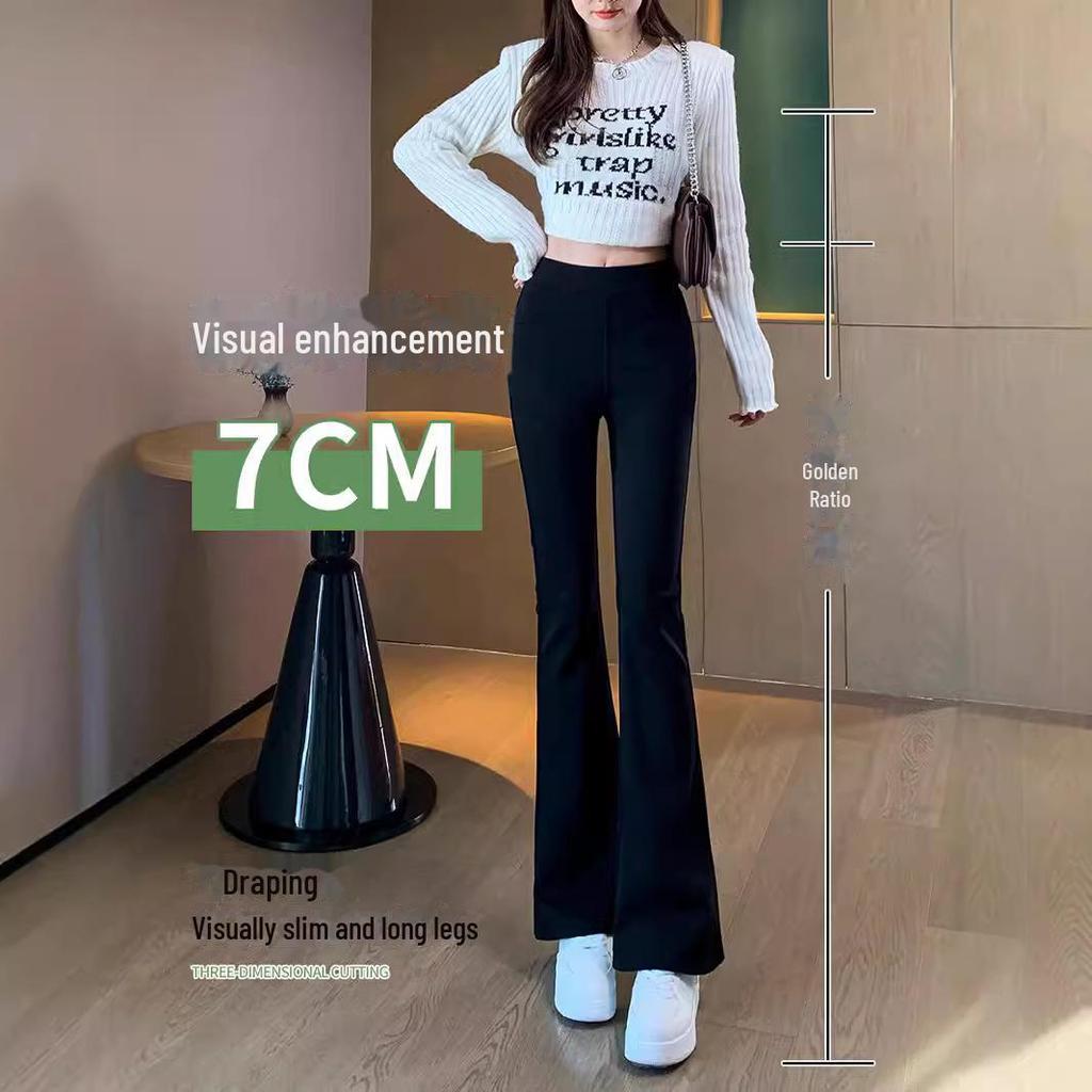 High-Waist Black Plush Flared Pants for Women - Slim-Fitting, Elastic, Avocado Color, Ideal for Autumn/Winter.
