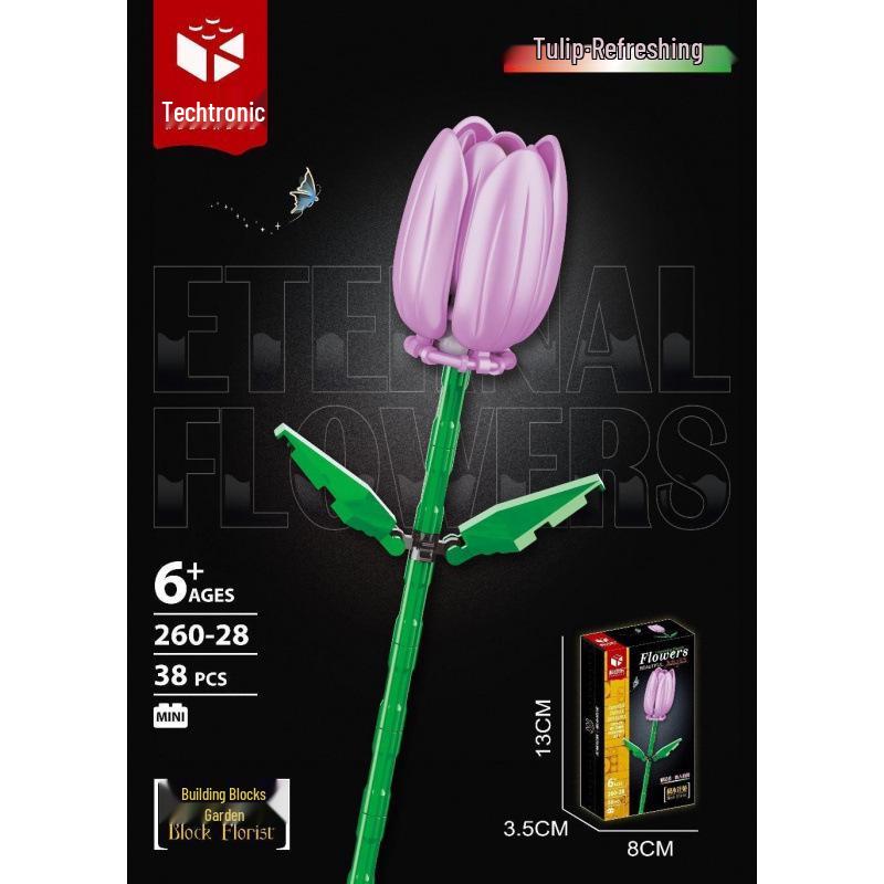 Tulip Lego-Compatible Everlasting Flower Building Blocks: Puzzle Ornament Potted Plant Toy, Valentine's Day Rose Gift.