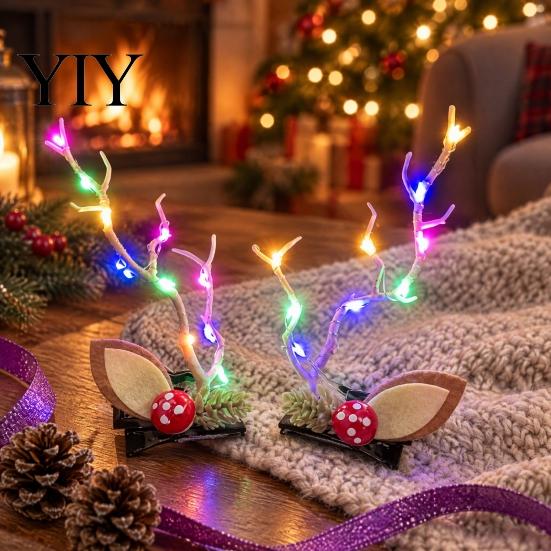 Lighted Xmas Party Supplies 1 Pair LED Christmas Antler Headwear for Women Girls, Glowing Elk Horn Hair Sparkling Winter Celebration Headpiece