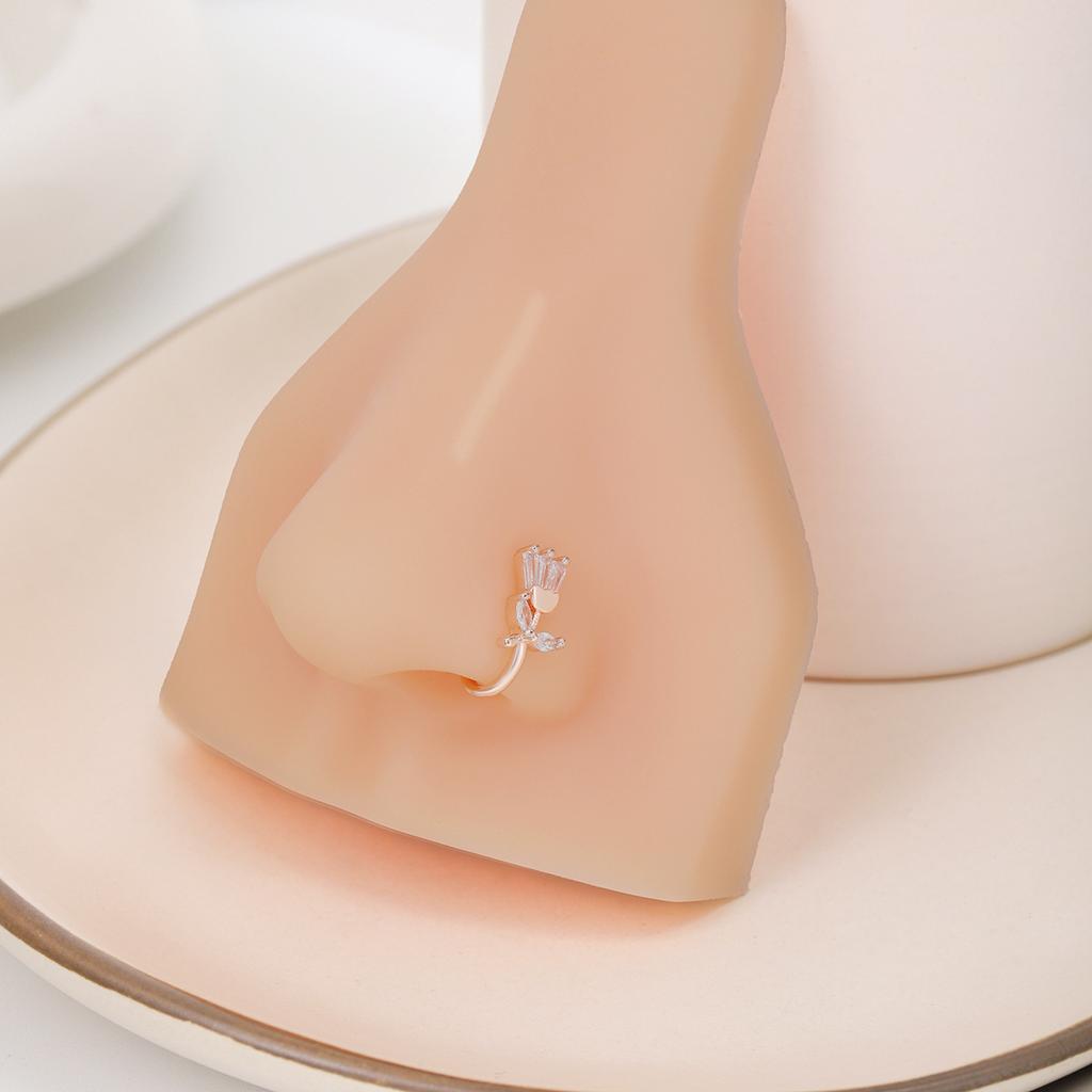 Персонализированный неперфорированный U-образный зажим для носа, простой и изящный бриллиантовый лист розы, ювелирное украшение, пирсинг для носа