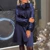 Women Dress Round Neck Lace-up Strap Shiny Sequin Patchwork Long Sleeves Midi Dress