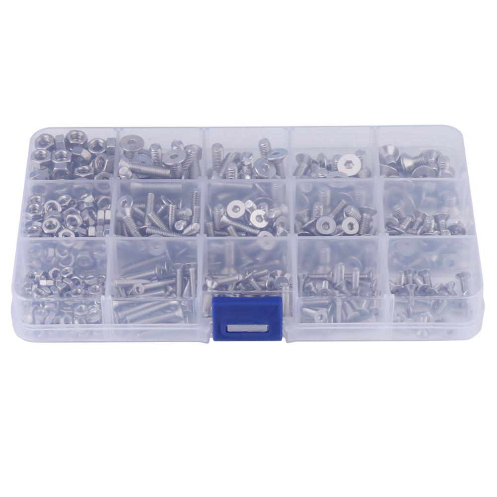 Набор из 440 шт. винтов с плоской головкой и шестигранным углублением из нержавеющей стали M3 M4 M5 и гаек