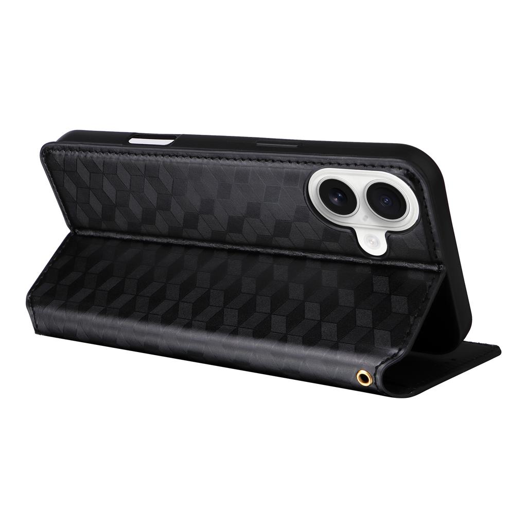 For iPhone 16 Plus Wallet Case Rhombus Imprinted Leather Phone Cover