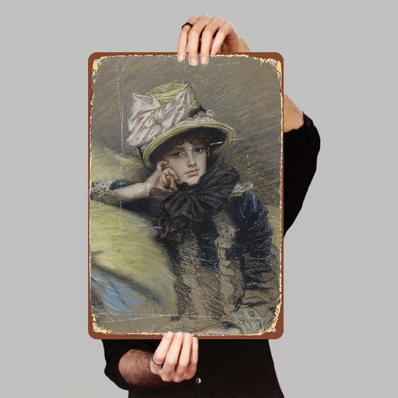 Vintage Girl Contemplative Handpainted Iron Art Wall Decor European Retro Style Living Room Study Mural Painting