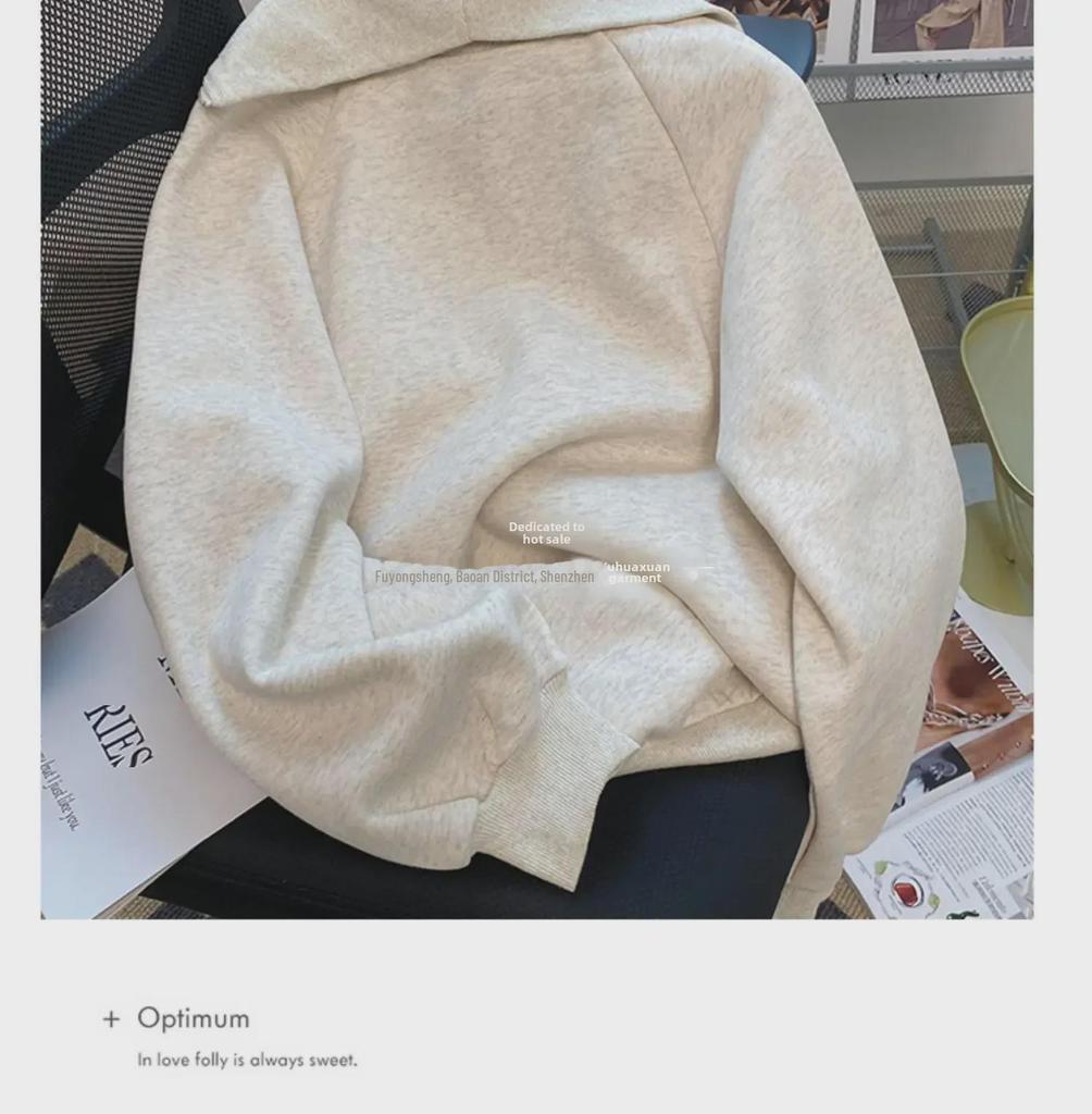 Осенняя ретро-серая женская свободная толстовка с полумолнией