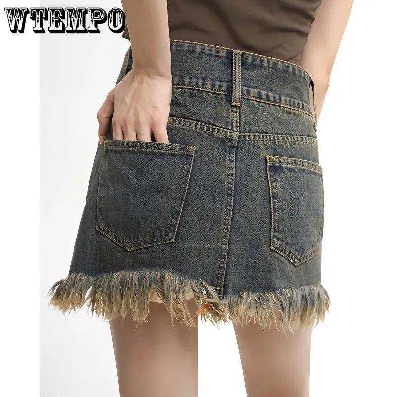 WTEMPO Женские винтажные облегающие джинсовые юбки с кисточками Y2K, женские летние мини-хлопковые юбки, уличная одежда