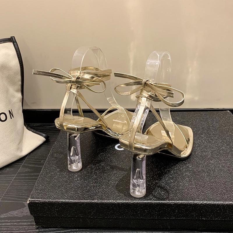 Модные женские босоножки с ремешками 2024 года, новые летние серебристые женские босоножки на высоком каблуке, дизайнерские босоножки с прозрачным каблуком, женская обувь