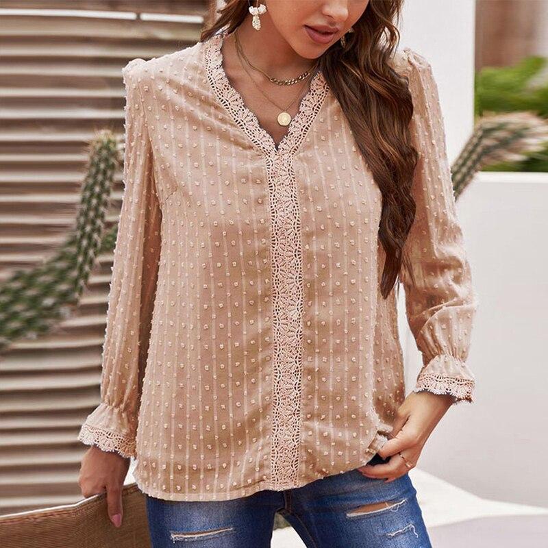 2023 Простая кружевная шифоновая блузка с v-образным вырезом и длинным рукавом, женская весна-осень, свободные топы с вышивкой, повседневная элегантная женская рубашка 29086