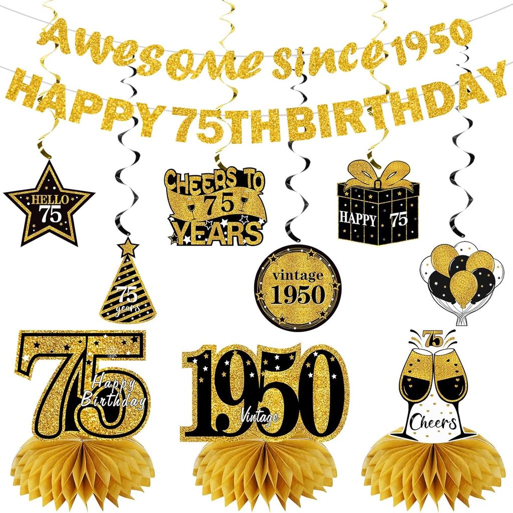 11Pcs 75th Birthday Decorations Kit for Men Women, Black Gold Happy 75th Birthday Banner, Awesome Since 1950 Centerpieces Swirls Party Supplies, 75