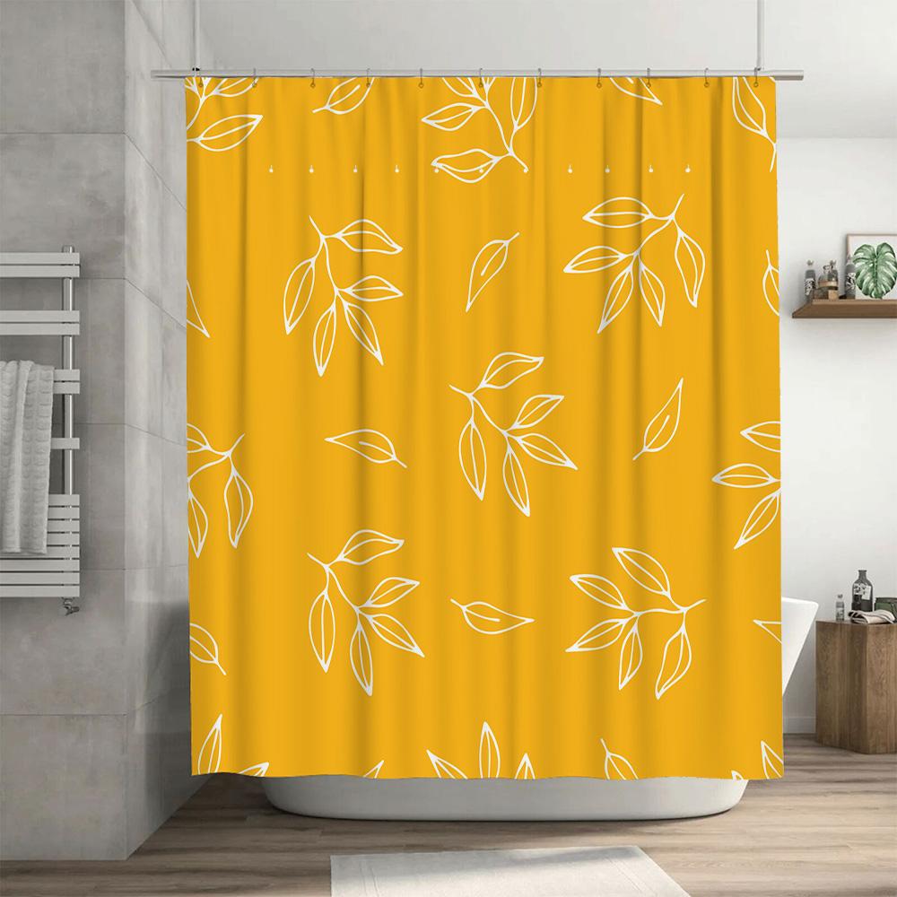 Luxurious Bathing Experience Modern White Leaves Print Shower Curtain in Vibrant Mustard Yellow for Bathroom Decor Privacy Prote