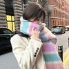 Women Scarf Rainbow Color Striped Scarf with Plush Balls Tassel Winter Thickened Warm Couple Scarf Versatile Wear