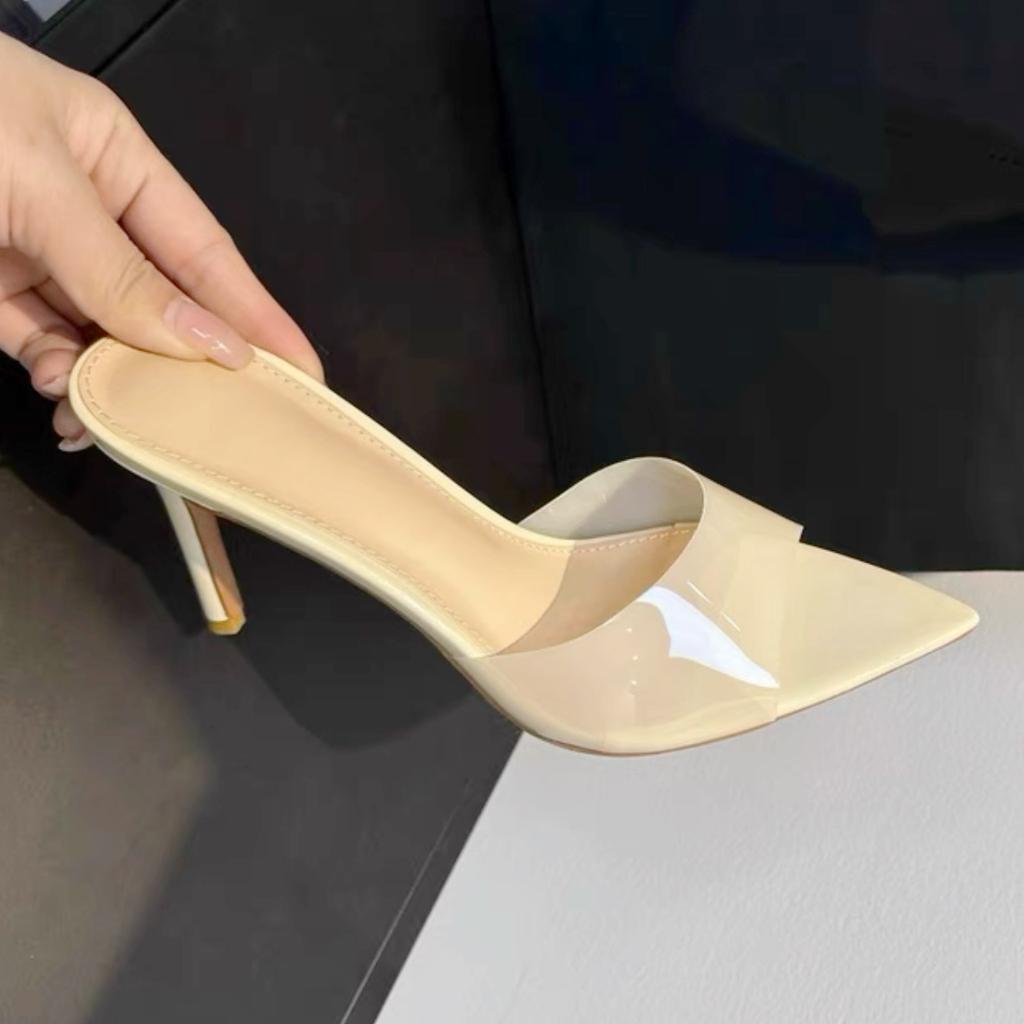 Transparent high-heeled cool slippers for women in the summer of 2025, new fashion, thin heels, pointed heads, sexy open toes, and one-word drag for o