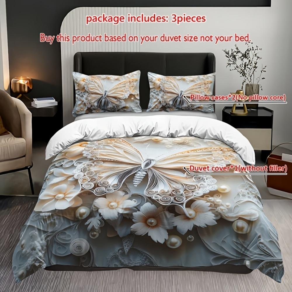 3pcs Champagne Bedding Set Butterfly Flower Printed Cozy Duvet Cover Set King Queen Twin Single Size Birthday Gift Bedroom Decor