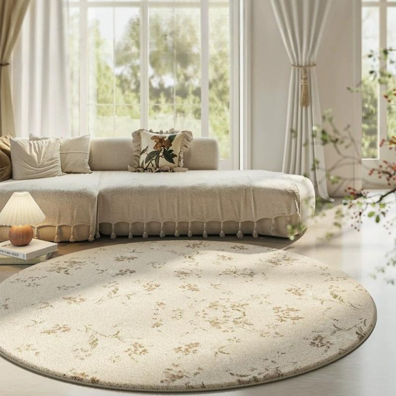 Cream Style Carpets for Living Room Light Luxury Bedroom Decor Carpet French Flower Bedside Round Rug Fluffy Soft Home Floor Mat