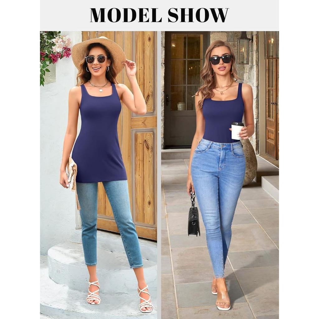 CHARMLEAKS Женская длинная майка с бюстгальтером с квадратным вырезом и широкими бретелями, летние хлопковые майки