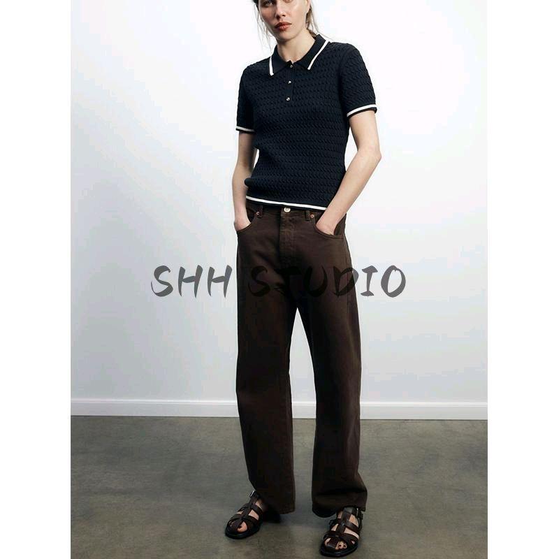 Spring New Women's Clothing Fashion Style Contrast Color Trim Short Sleeve Polo Shirt Collar Sweater Tops 6771054