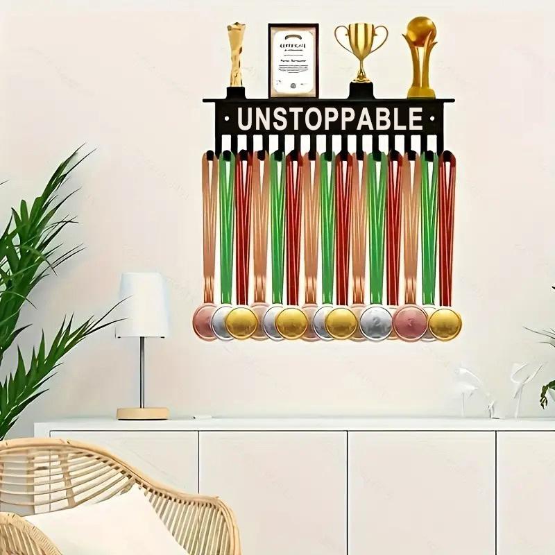 Medals & Trophy Display Stand Wall-Mounted Metal Key Hooks "Unstoppable" Design Inspirational Sports Wall Decor