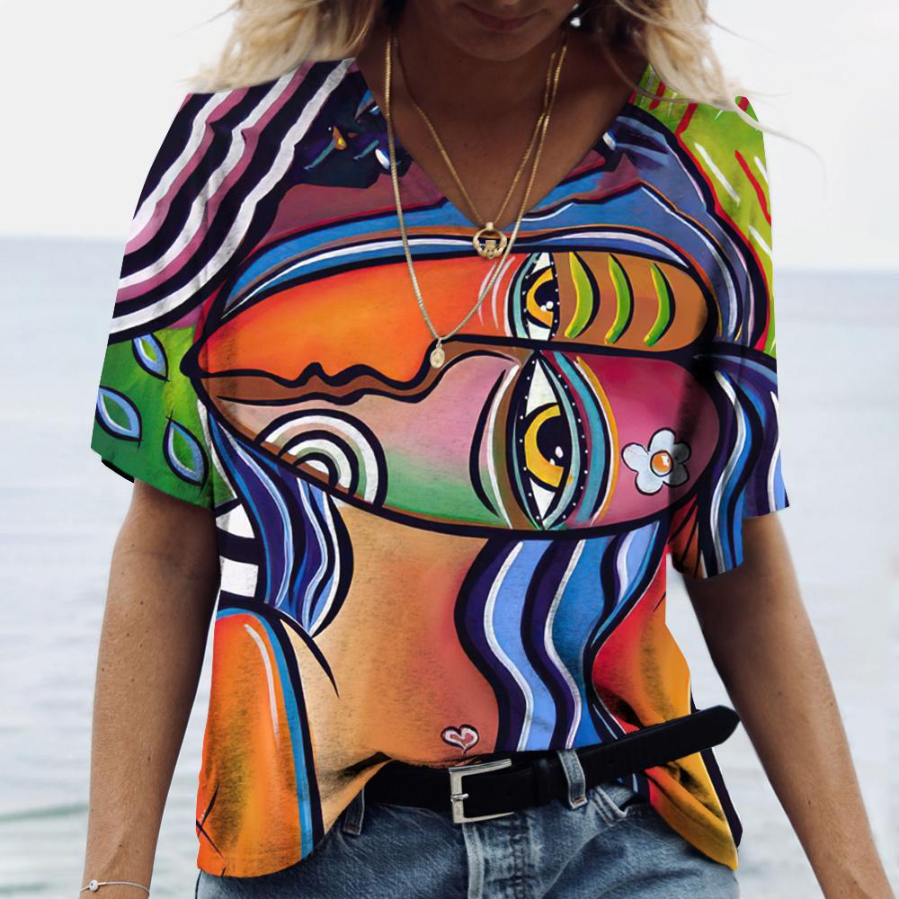 Винтажная женская футболка с V-образным вырезом, модный топ с абстрактным принтом лица 3D, уличный стиль, короткий рукав, футболка
