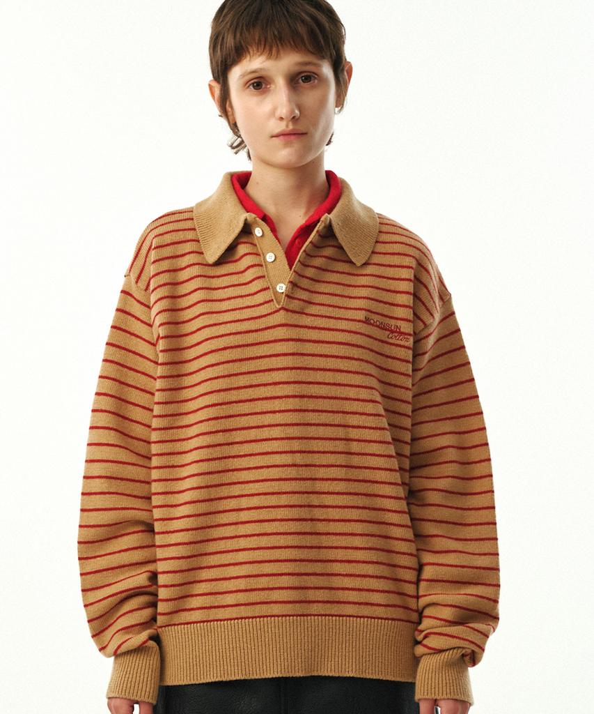MOONSUN 02 M.C Unisex, Stripe Wool Collar Knit / Beige