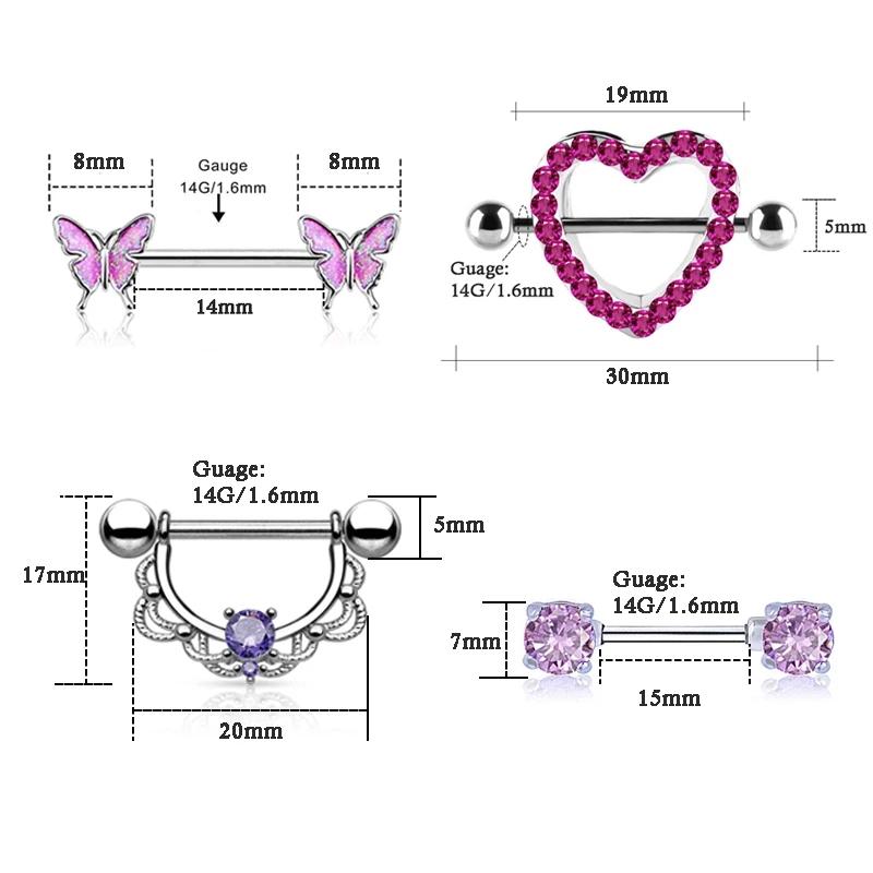 1 пара штанги для сосков, 14 г, кристалл для пирсинга сосков, ювелирные изделия для сосков-бабочек, кольцо для сосков в форме сердца, пирсинг из нержавеющей стали для женщин