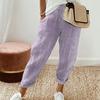 Women Casual Pants Elastic Waist Mid-rise Summer Jacquard Long Pants with Pockets Striped Print Loose Fit Trousers